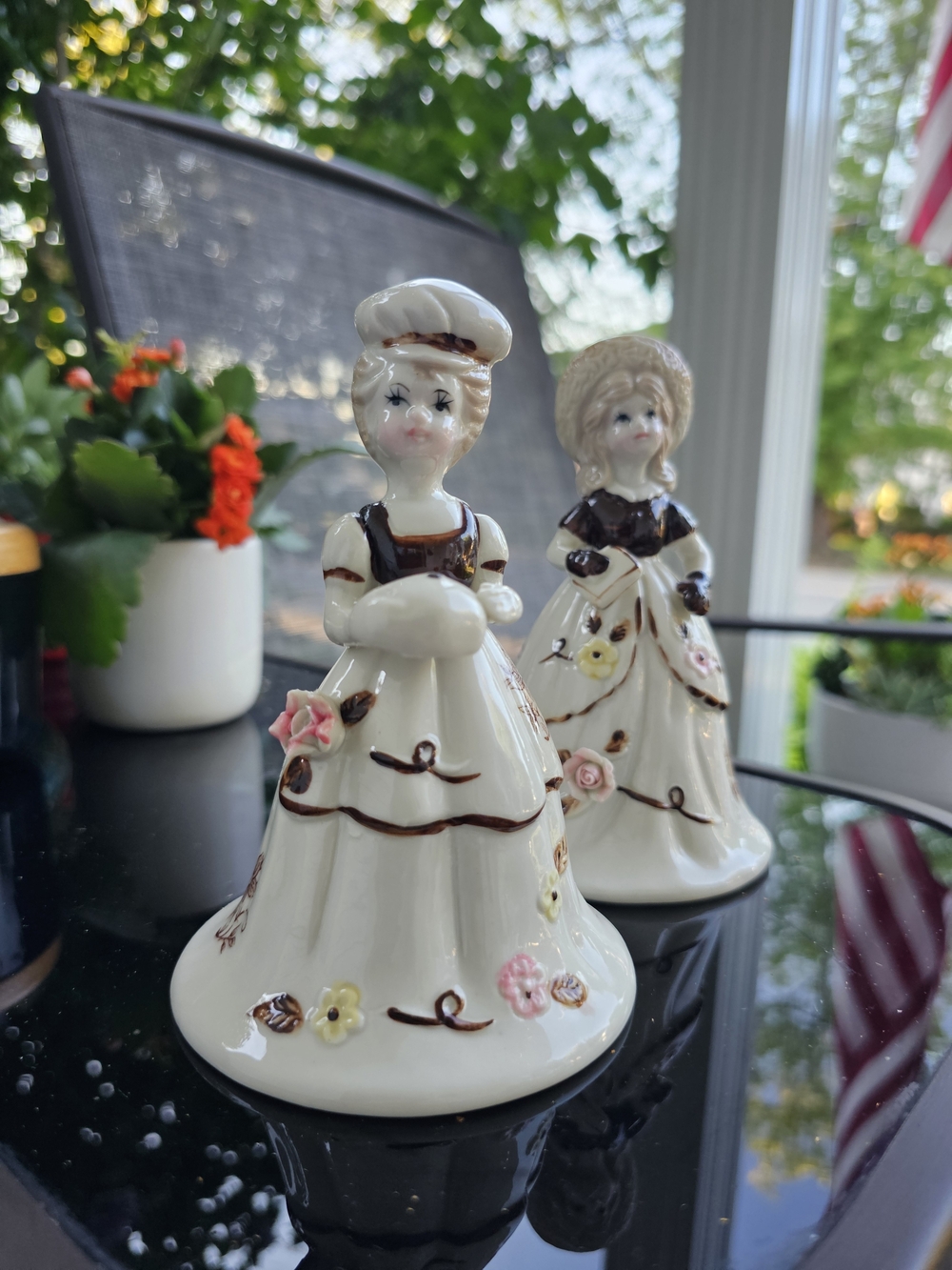 Vintage-Style Ceramic Woman Figurine Bells in Cream with Pink & Brown Accents